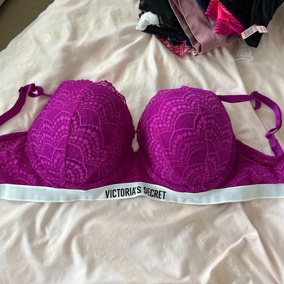 Victoria’s Secret Perfect Shape Logo Lace Bra deep pink purple size 34 DDD / 34F - Picture 6 of 13
